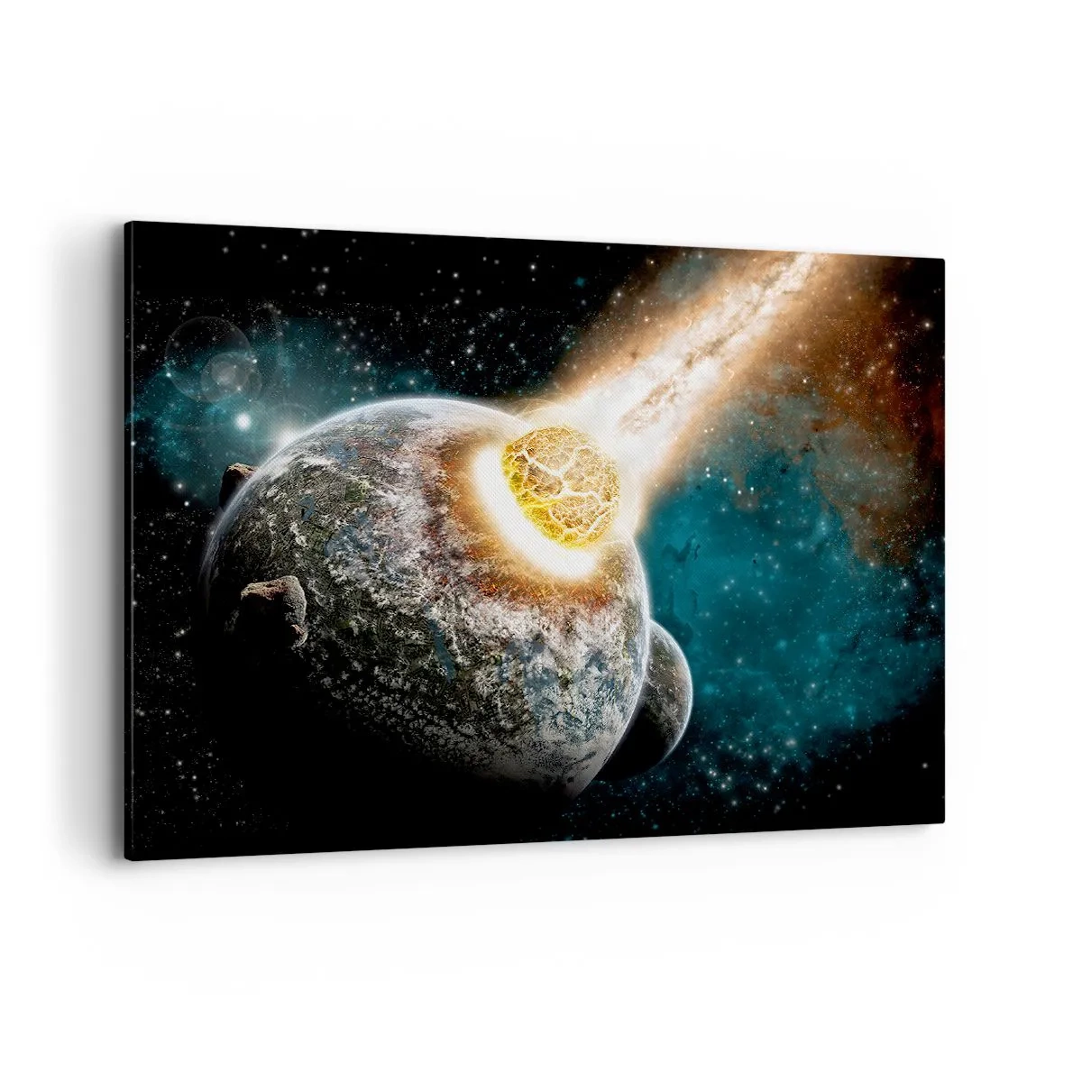 Bild auf Leinwand - Leinwandbild - Kosmische Kollision eines Planeten mit einem Asteroiden in der Nähe der Galaxie. - 100x70cm - Holocaust oder Geburt? - Moderne Wanddekoration für Wohnzimmer und Schlafzimmer ARTTOR