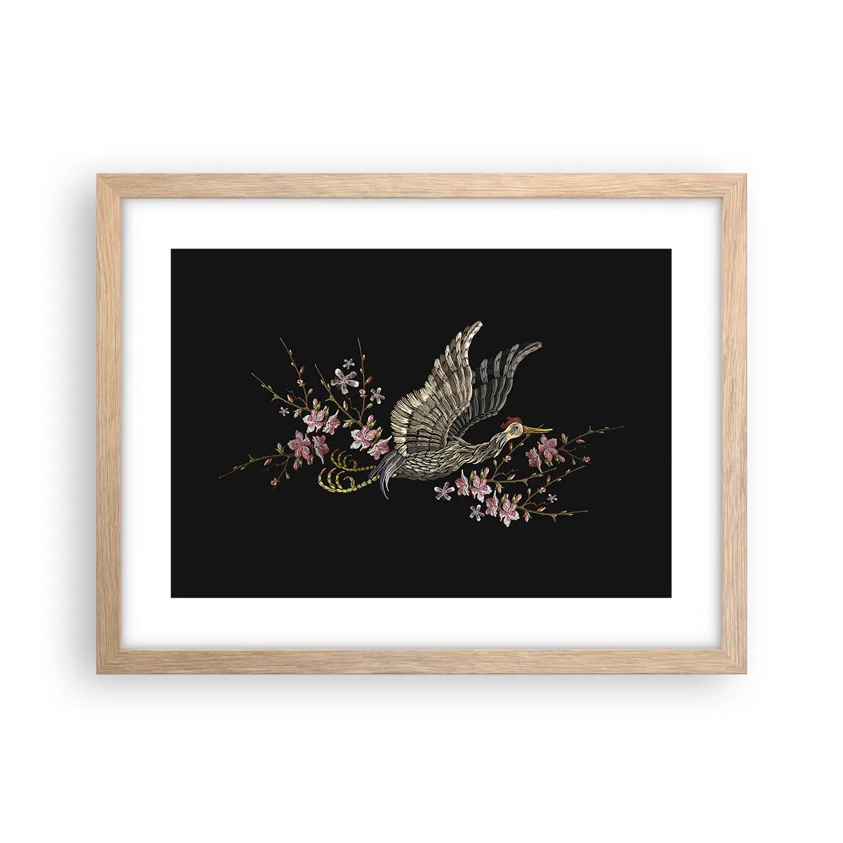 Poster in einem Rahmen aus heller Eiche - Exotischer gestickter Vogel - 40x30 cm