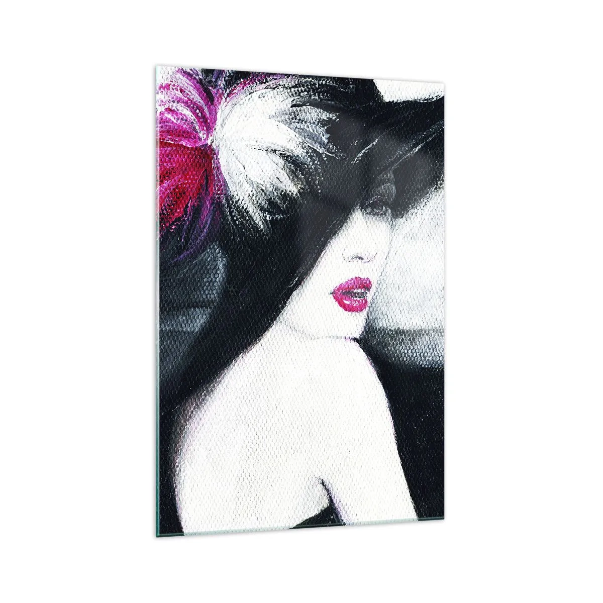 Glasbild - Bild auf glas - Stilvolle Frau mit Federhut - 70x100cm - Immer ein Geheimnis - Moderne Wanddekoration für Wohnzimmer und Schlafzimmer ARTTOR