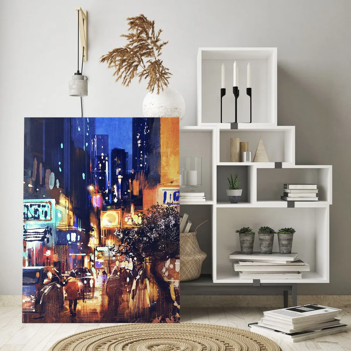 Glasbild - Bild auf glas - Malerische Nachtszene in der Stadt mit Neonlichtern und Straßenverkehr - 50x70cm - Und die Stadt ist wach - Moderne Wanddekoration für Wohnzimmer und Schlafzimmer ARTTOR
