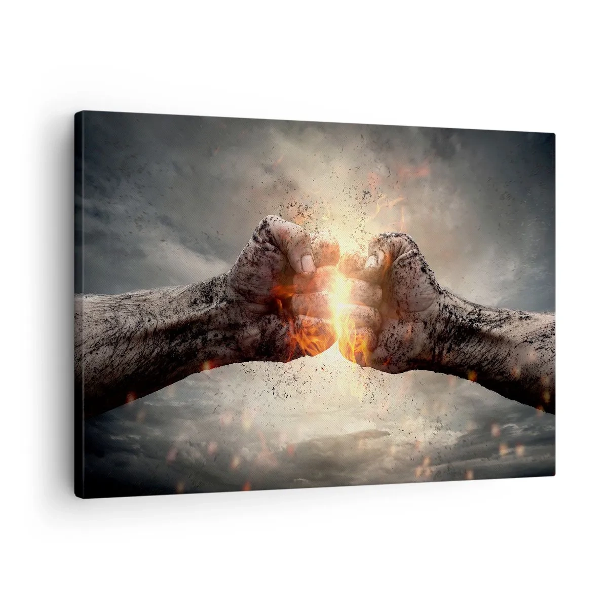 Bild auf Leinwand - Leinwandbild - Geballte Fäuste in einer dynamischen Brandszene - 70x50cm - Steh auf für einen Kampf - Moderne Wanddekoration für Wohnzimmer und Schlafzimmer ARTTOR