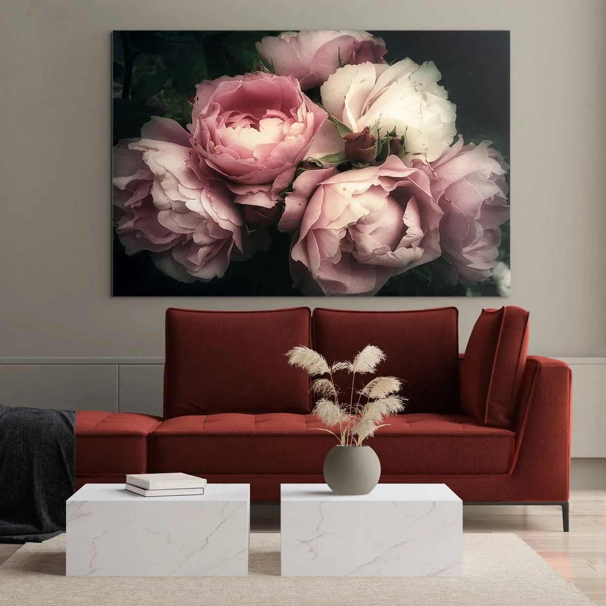 Glasbild - Bild auf glas - Ein Strauß rosa Rosen in sanfter Beleuchtung mit Vintage-Touch - 120x80cm - Der Charme der Belle Epoque - Moderne Wanddekoration für Wohnzimmer und Schlafzimmer ARTTOR