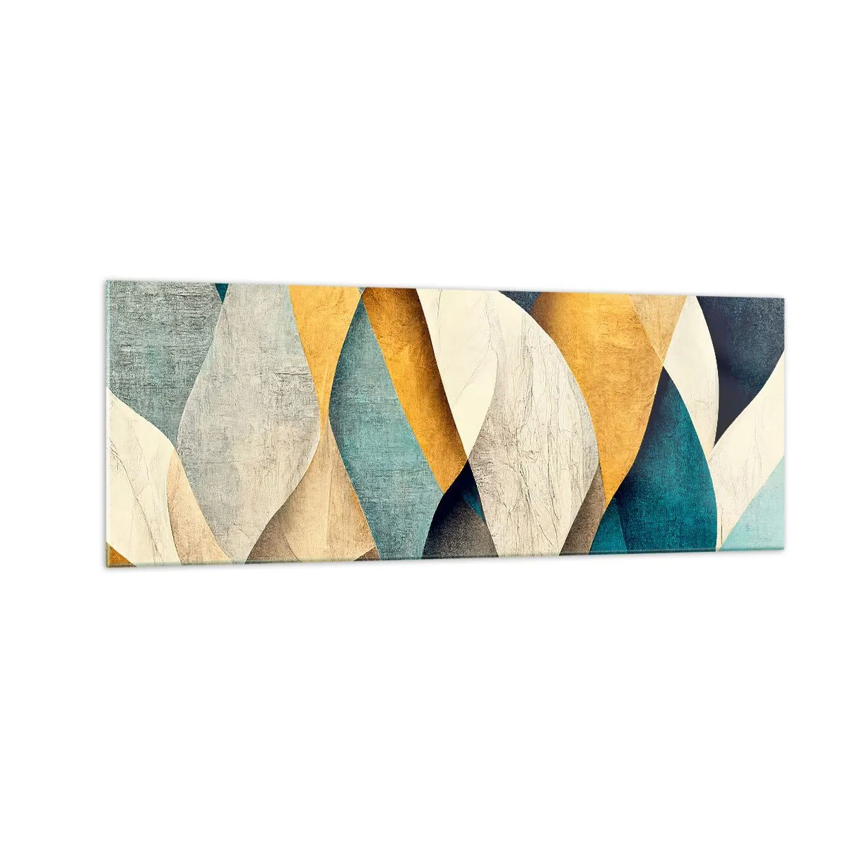 Glasbild - Bild auf glas - Abstrakte Wellen in Blau- und Goldtönen - 140x50cm - Rhythmus und Welle - Moderne Wanddekoration für Wohnzimmer und Schlafzimmer ARTTOR