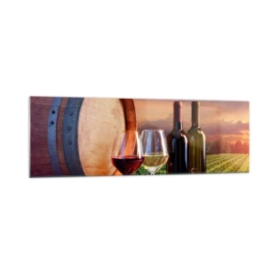 Glasbild - Bild auf glas - Wein, Gläser und ein Fass in einer malerischen Landschaft - 160x50cm - Hier schmeckt das Leben - Moderne Wanddekoration für Wohnzimmer und Schlafzimmer ARTTOR
