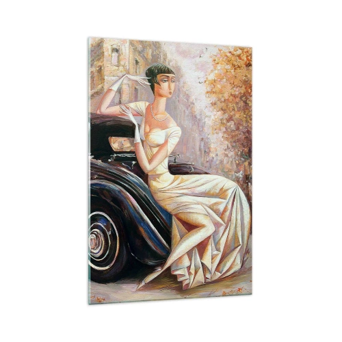 Glasbild - Bild auf glas - Retro-Frau neben Oldtimer - 70x100cm - Eleganz im Retro-Stil - Moderne Wanddekoration für Wohnzimmer und Schlafzimmer ARTTOR