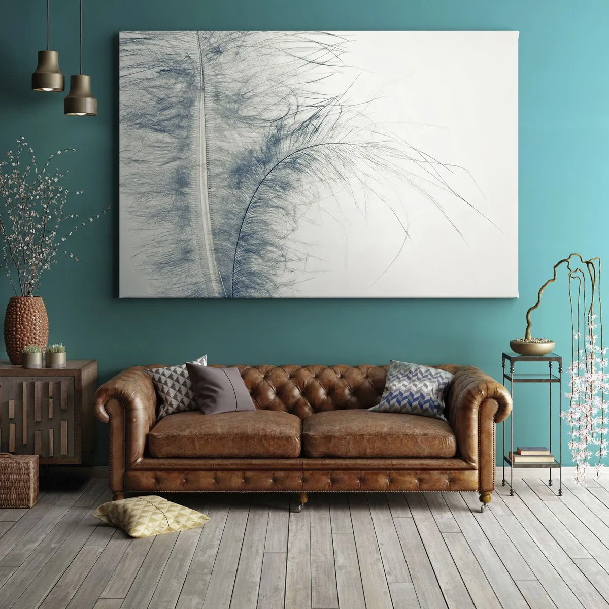 Bild auf Leinwand - Leinwandbild - Eine zarte Feder in Pastelltönen auf hellem Untergrund - 70x50cm - Flüstern der Natur - Moderne Wanddekoration für Wohnzimmer und Schlafzimmer ARTTOR
