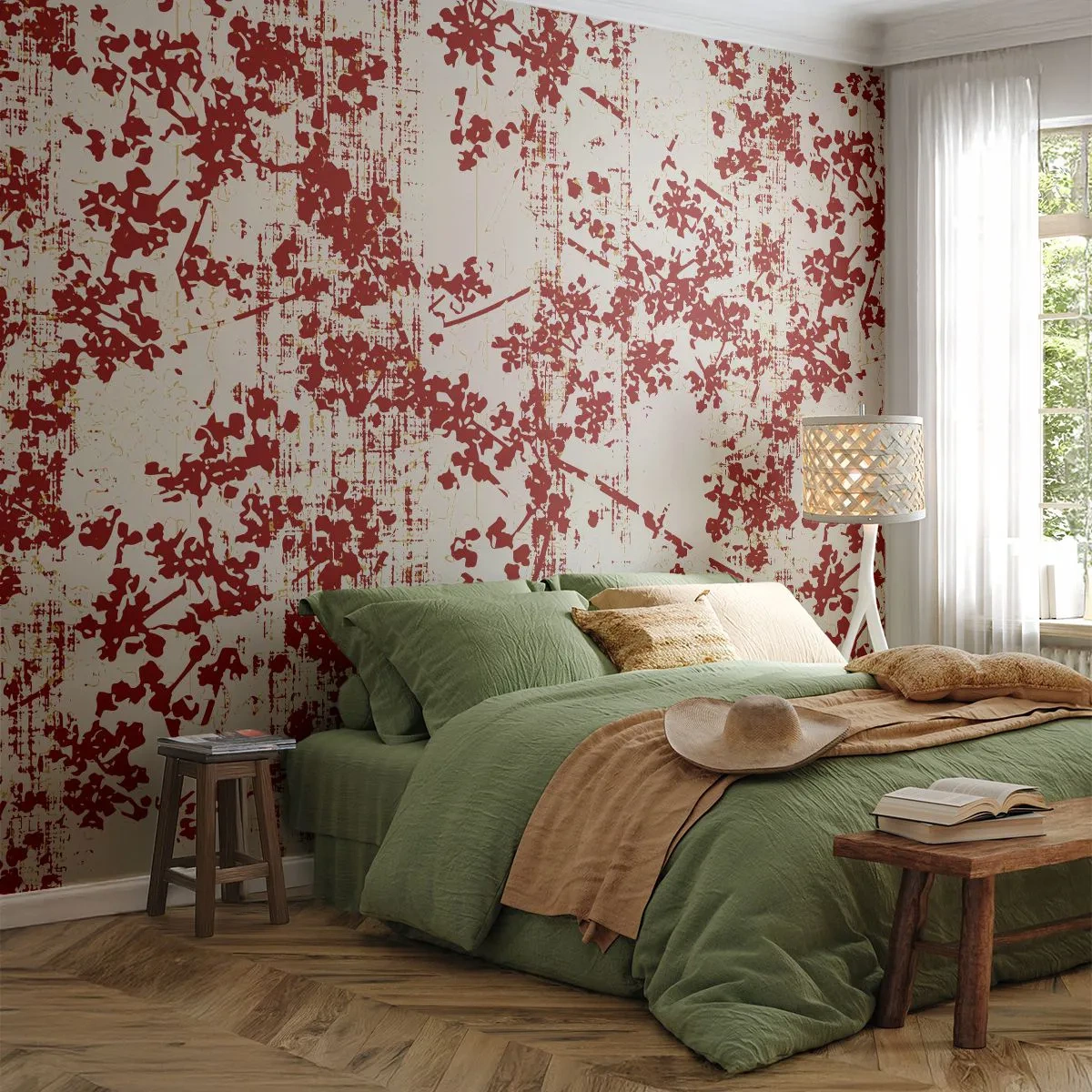 Fototapete Premium Sand - Ein Pflanzenmotiv in Rot auf hellem Hintergrund - 100x70cm - Wie alter Perkal - Moderne Wanddekoration für Wohnzimmer und Schlafzimmer ARTTOR