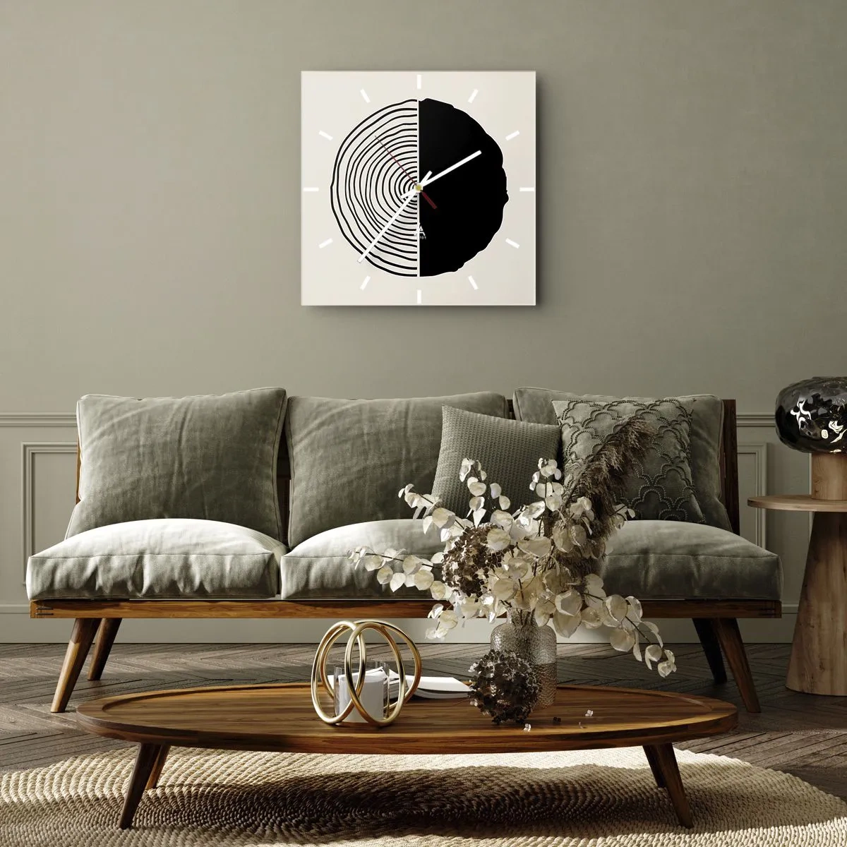 Wanduhr - Glasuhr - Ein abstraktes Schwarz-Weiß-Motiv, inspiriert von einem Holzquerschnitt mit geometrischer Unterteilung. - 30x30cm - Halb und halb - Moderne Wanddekoration für Wohnzimmer und Schlafzimmer ARTTOR