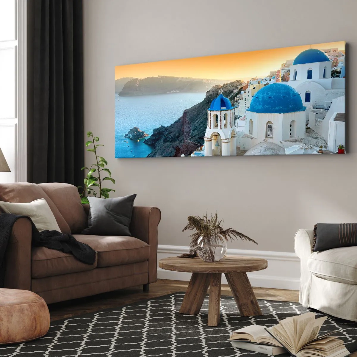 Bild auf Leinwand - Leinwandbild - Blick auf Santorini mit weißen Gebäuden und blauem Meer - 160x50cm - Santorini - an die Felsen gekuschelt - Moderne Wanddekoration für Wohnzimmer und Schlafzimmer ARTTOR