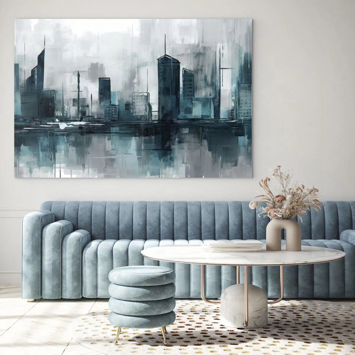 Glasbild - Bild auf glas - Eine moderne Stadt in Blau- und Grautönen - 70x50cm - Eine Stadt in der Farbe des Regens - Moderne Wanddekoration für Wohnzimmer und Schlafzimmer ARTTOR