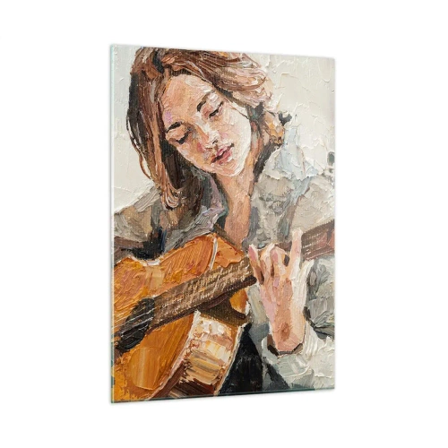 Glasbild - Bild auf glas - Ein Mädchen, das im impressionistischen Stil Gitarre spielt - 50x70cm - Konzert für Gitarre und Mädchenherz - Moderne Wanddekoration für Wohnzimmer und Schlafzimmer ARTTOR