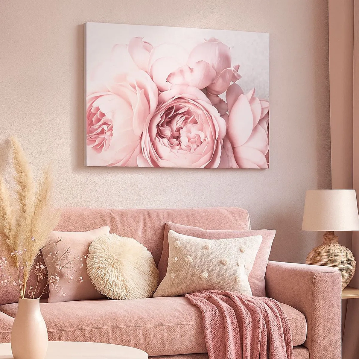 Bild auf Leinwand - Leinwandbild - Rosa Pfingstrosen in sanftem Licht vor hellem Hintergrund - 70x50cm - Für Romantiker - Moderne Wanddekoration für Wohnzimmer und Schlafzimmer ARTTOR