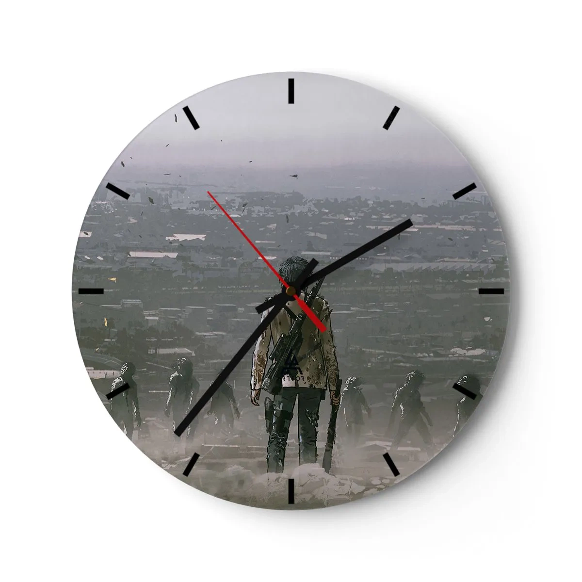 Wanduhr - Glasuhr - Eine Figur mit einer Waffe vor dem Hintergrund einer Stadt und geheimnisvollem Nebel - 30x30cm - Letzter Gerechter? - Moderne Wanddekoration für Wohnzimmer, Küche und Schlafzimmer ARTTOR