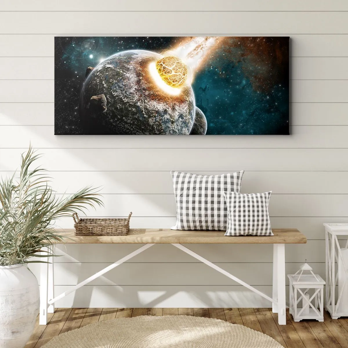 Bild auf Leinwand - Leinwandbild - Kosmische Kollision eines Planeten mit einem Asteroiden in der Nähe der Galaxie. - 140x50cm - Holocaust oder Geburt? - Moderne Wanddekoration für Wohnzimmer und Schlafzimmer ARTTOR