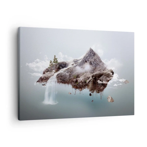 Bild auf Leinwand - Leinwandbild - Ein surrealer Berg, der in den Wolken schwebt, mit einem Wasserfall - 70x50cm - Mit dem Auge eines Surrealisten - Moderne Wanddekoration für Wohnzimmer und Schlafzimmer ARTTOR