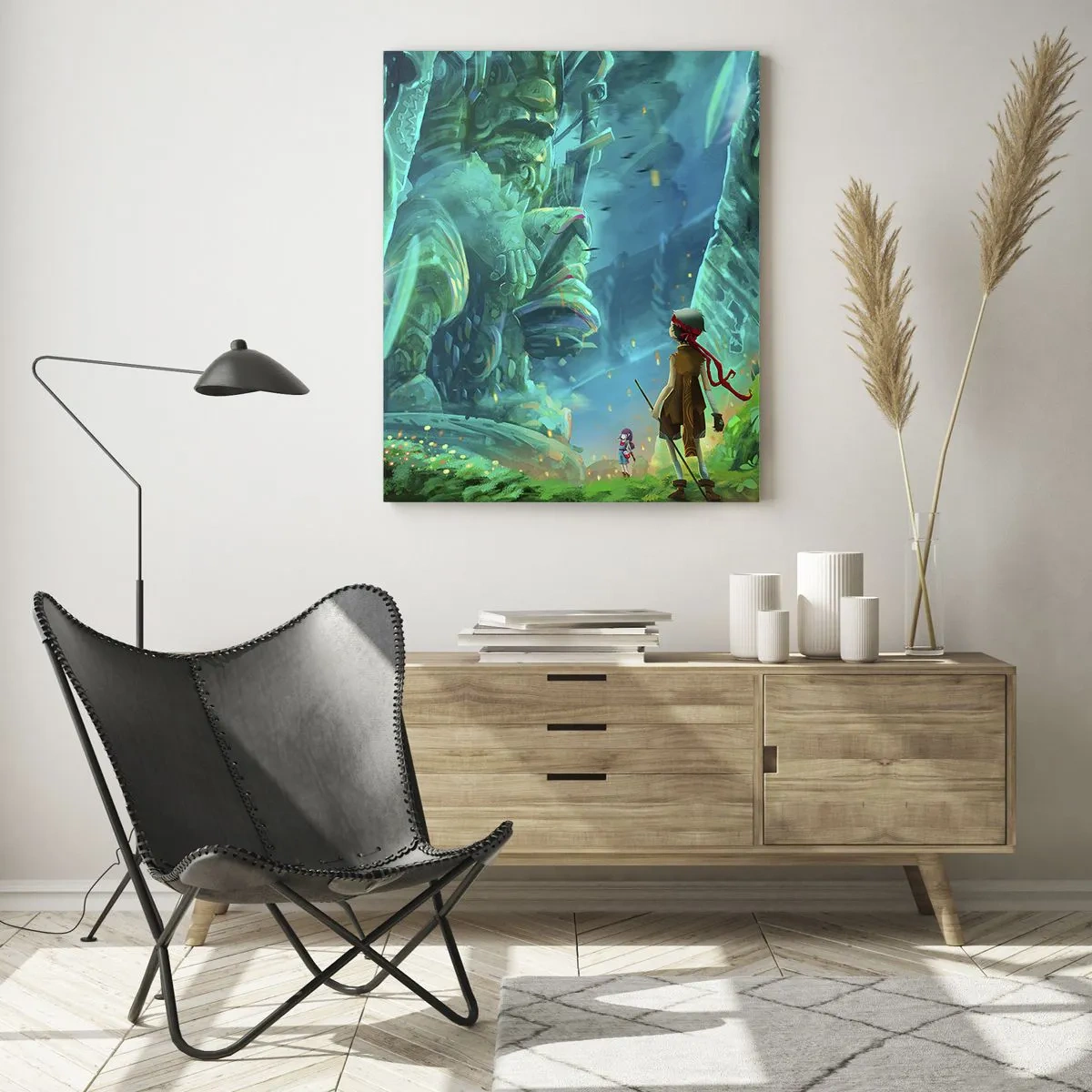 Glasbild - Bild auf glas - Fantasielandschaft mit einer Figur und einer antiken Statue im Wald - 50x70cm - Aus dem großen Märchenbuch - Moderne Wanddekoration für Wohnzimmer und Schlafzimmer ARTTOR