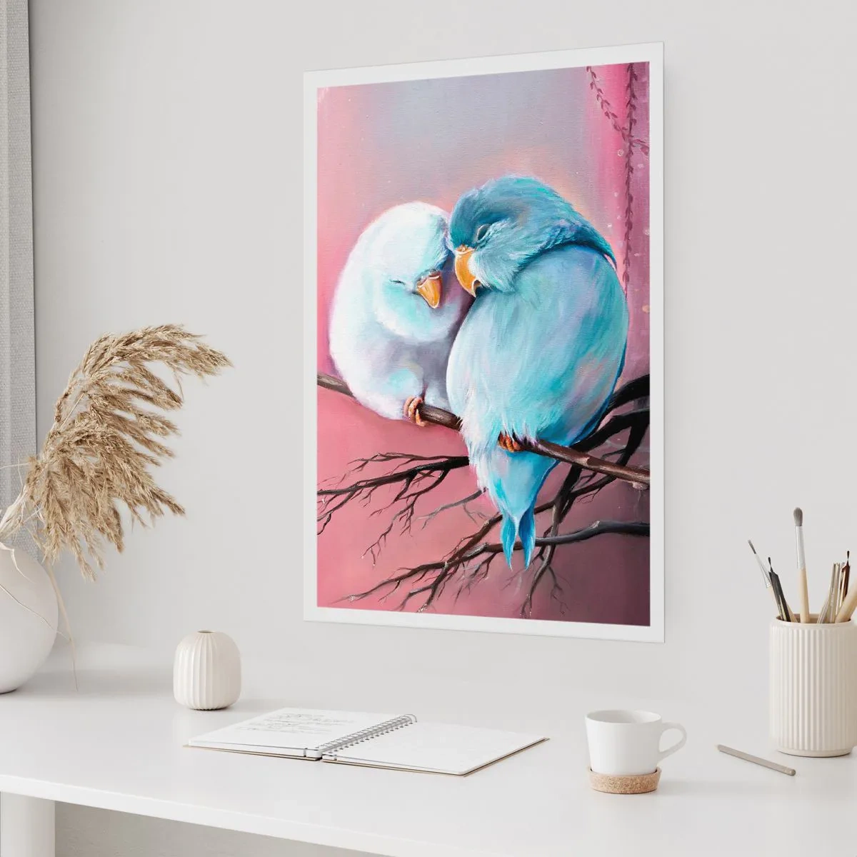 Poster - Zwei Vögel sitzen auf einem Ast in einer romantischen Umgebung - 50x70cm - Was kann ich hier hinzufügen? ... - Moderne Wanddekoration für Wohnzimmer und Schlafzimmer ARTTOR