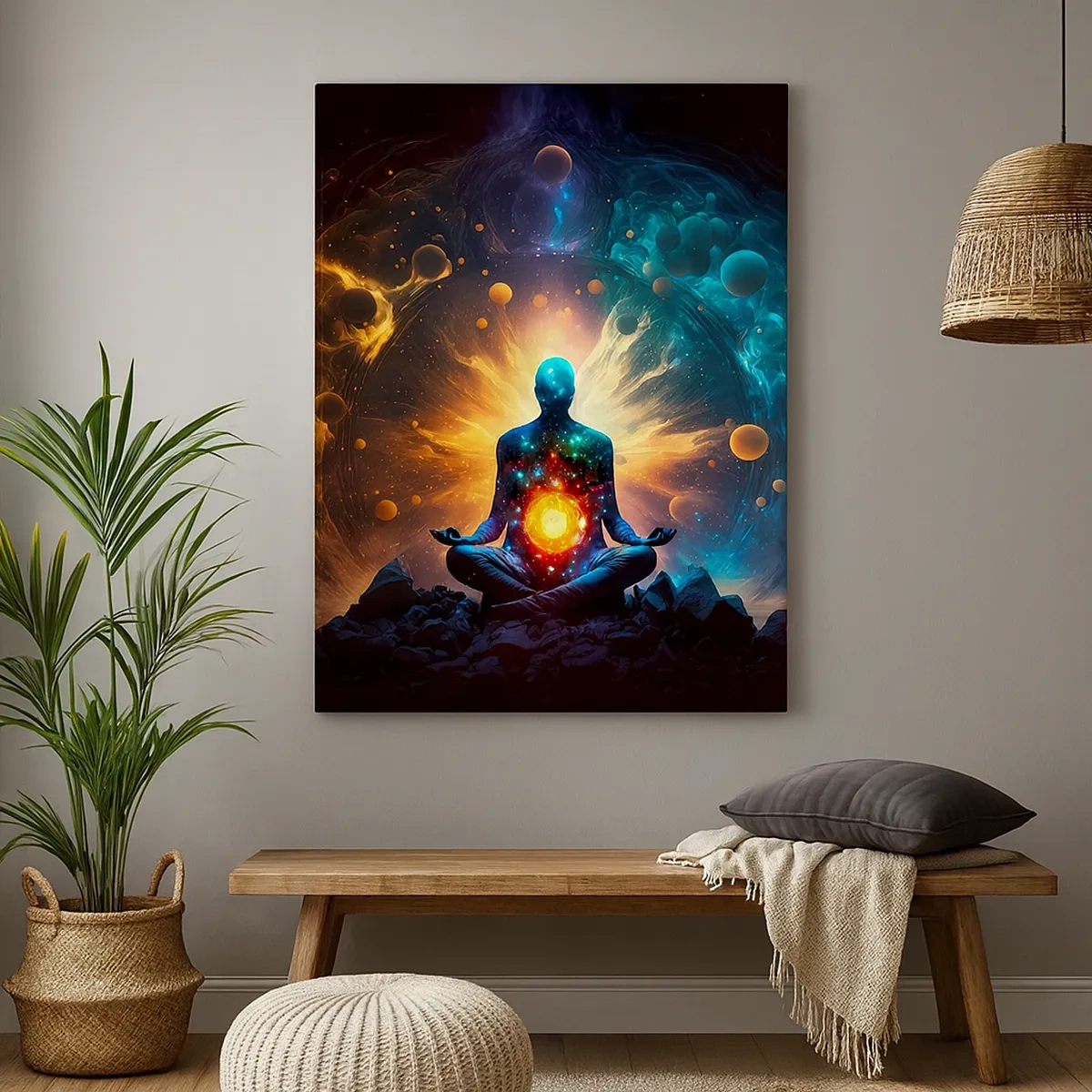 Bild auf Leinwand - Leinwandbild - Eine meditierende Figur, umgeben von einer kosmischen Aura - 50x70cm - Kosmischer Frieden - Moderne Wanddekoration für Wohnzimmer und Schlafzimmer ARTTOR