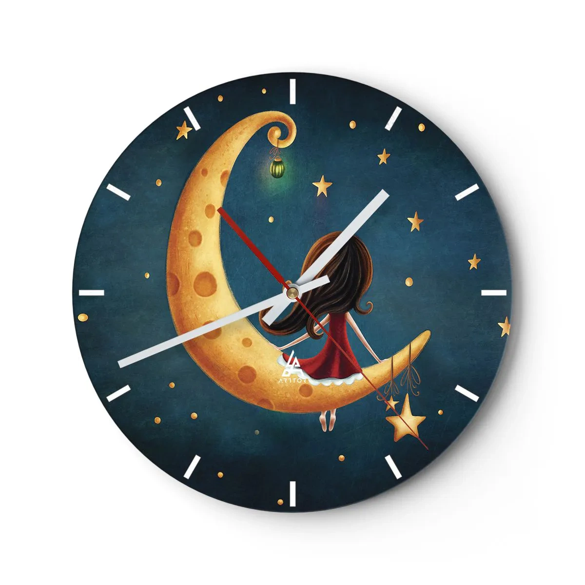 Wanduhr - Glasuhr - Ein Mädchen sitzt auf dem Mond in einer Märchenkulisse - 30x30cm - Einmal… - Moderne Wanddekoration für Wohnzimmer, Küche und Schlafzimmer ARTTOR