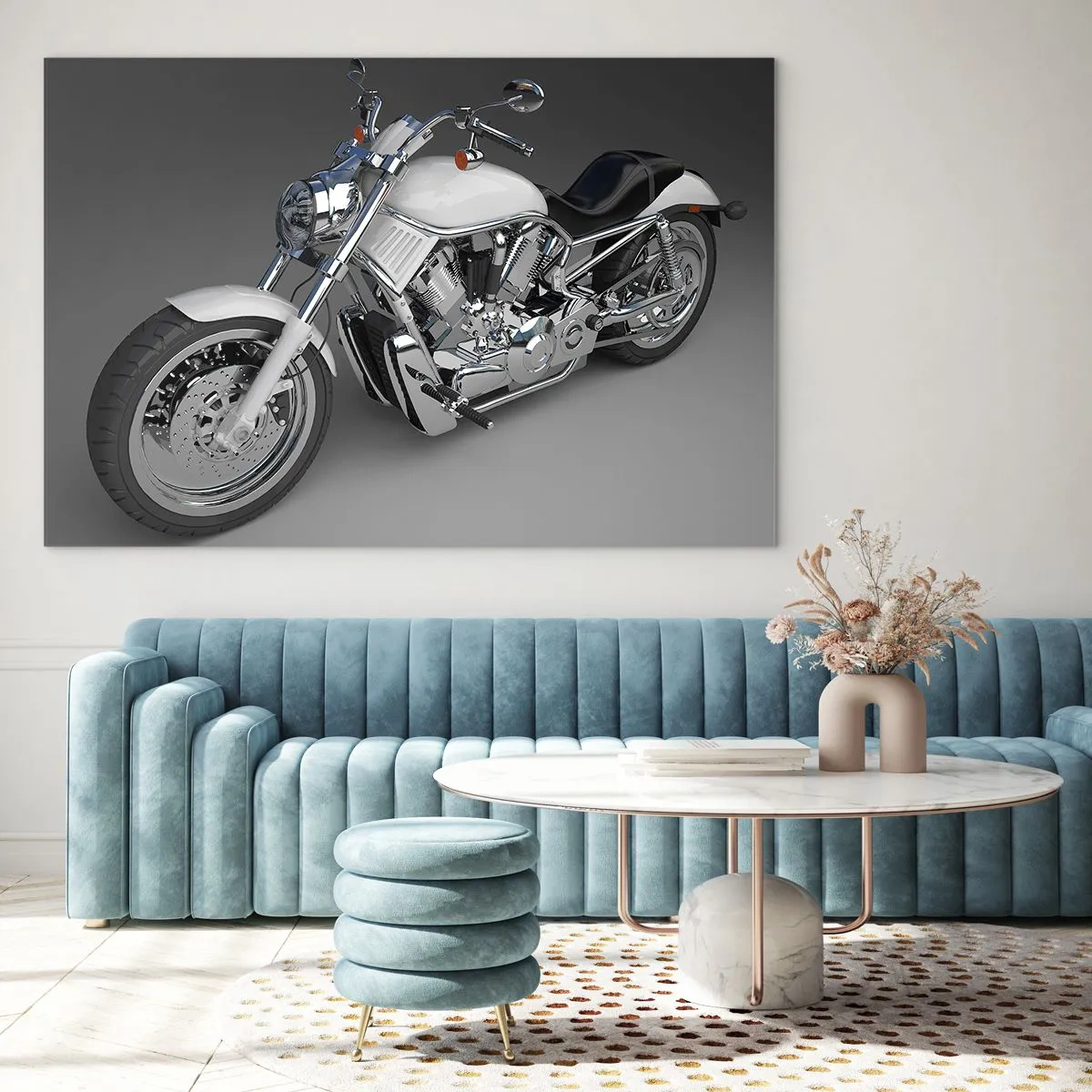 Glasbild - Bild auf glas - Ein stylisches Motorrad auf grauem Hintergrund mit modernem Touch - 70x50cm - So dass man hinknien möchte - Moderne Wanddekoration für Wohnzimmer und Schlafzimmer ARTTOR