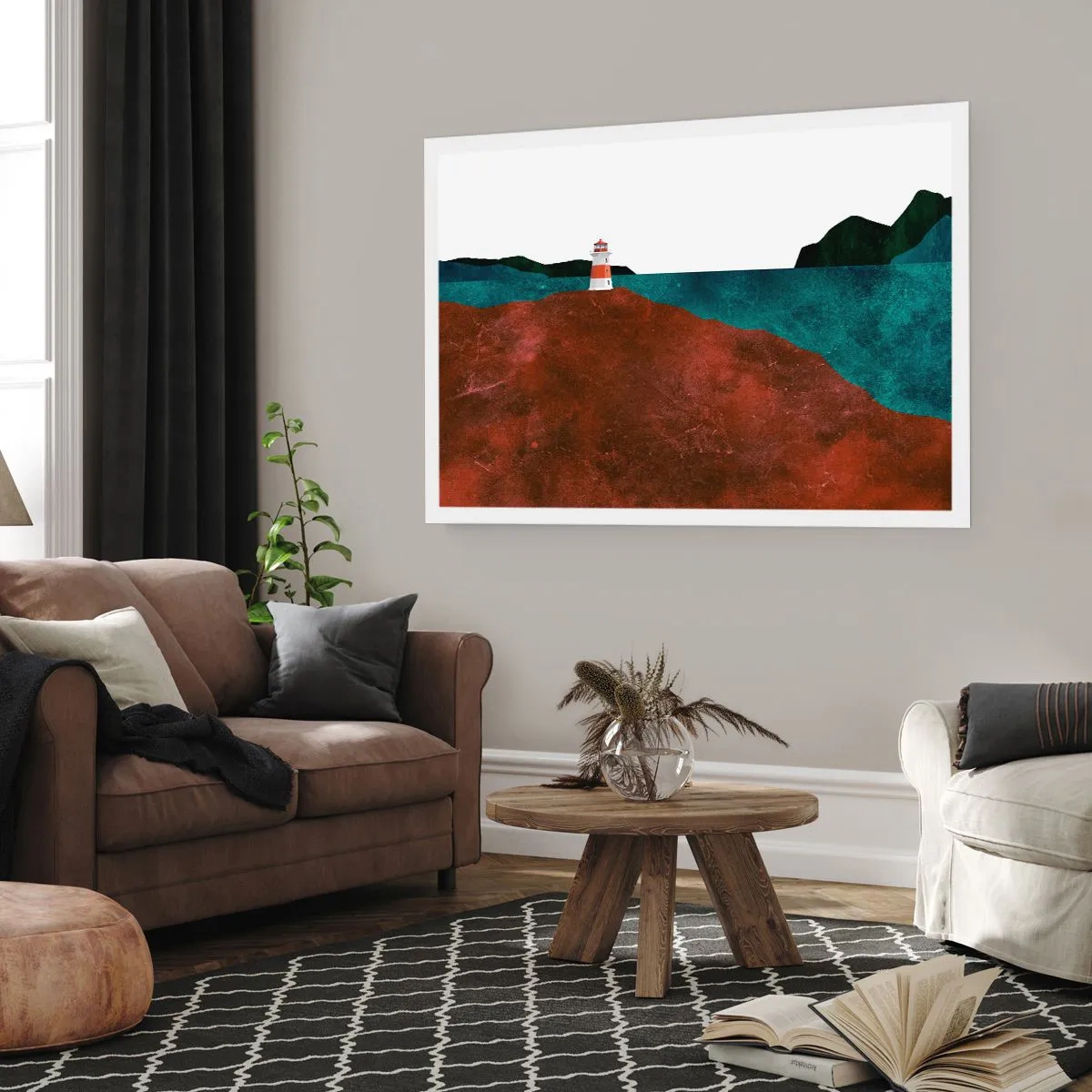 Poster - Ein Leuchtturm vor der Kulisse von Bergen und Meer - 100x70cm - Aufs Meer starren - Moderne Wanddekoration für Wohnzimmer und Schlafzimmer ARTTOR