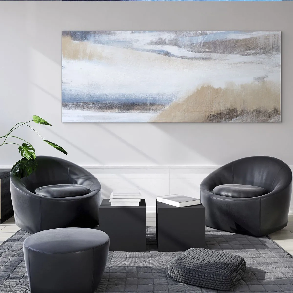 Glasbild - Bild auf glas - Abstrakte Winterlandschaft in Weiß- und Blautönen - 120x50cm - Winterkomposition - Moderne Wanddekoration für Wohnzimmer und Schlafzimmer ARTTOR