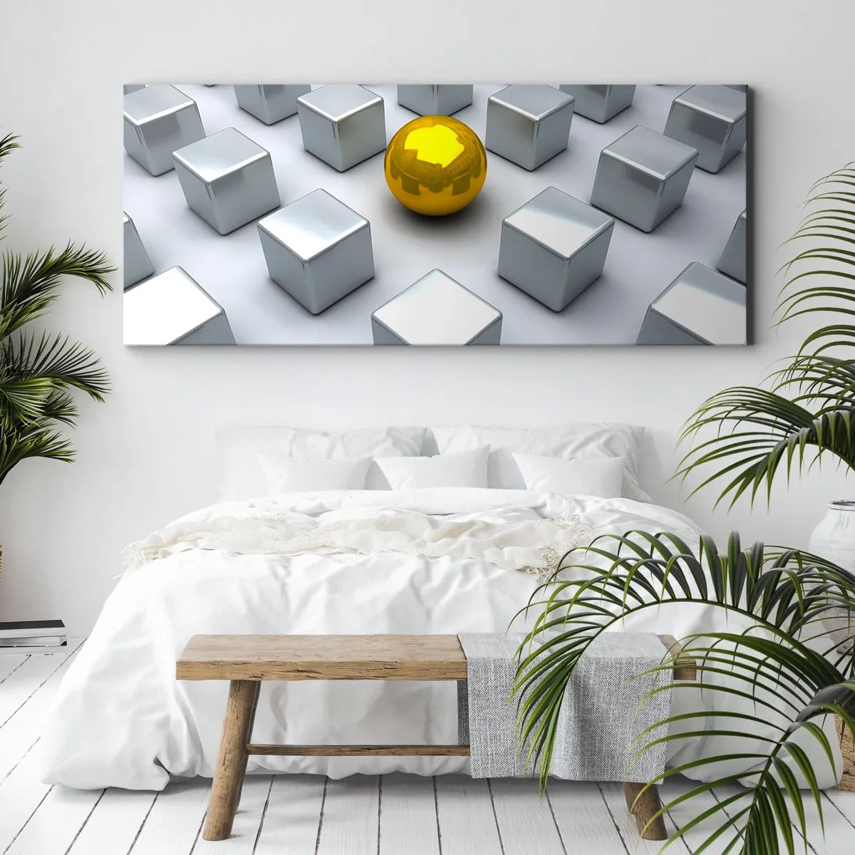 Bild auf Leinwand - Leinwandbild - Eine goldene Kugel, die zwischen den silbernen Würfeln hervorsticht - 140x50cm - Warum ich? Geometrische Zusammensetzung - Moderne Wanddekoration für Wohnzimmer und Schlafzimmer ARTTOR