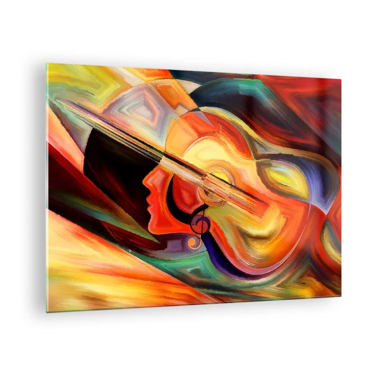 Glasbild - Bild auf glas - Abstraktes Porträt mit einer Gitarre und Musiknoten im Hintergrund - 70x50cm - Alles ist gut - Moderne Wanddekoration für Wohnzimmer und Schlafzimmer ARTTOR