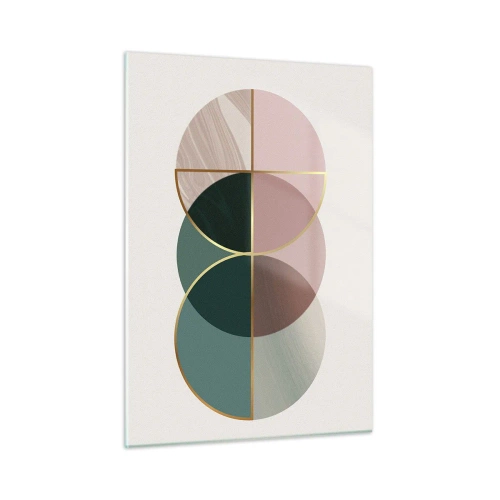 Glasbild - Bild auf glas - Geometrische Formen in Grün- und Rosatönen auf hellem Hintergrund - 50x70cm - Ein Rad hinter dem anderen… - Moderne Wanddekoration für Wohnzimmer und Schlafzimmer ARTTOR