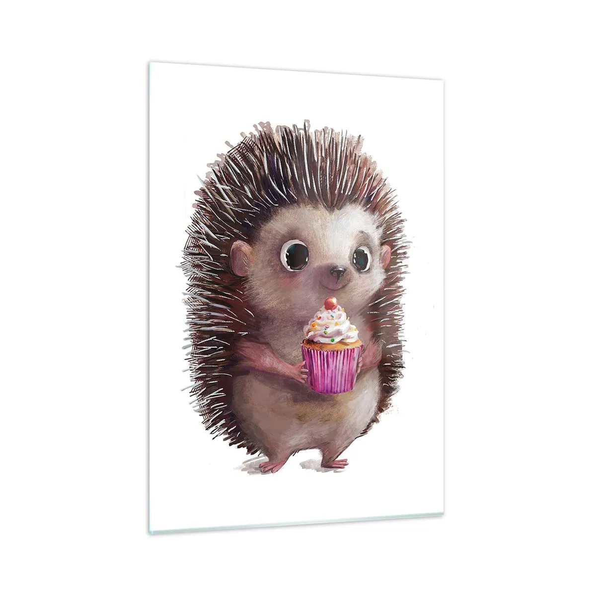 Glasbild - Bild auf glas - Ein süßer Igel mit einem Cupcake auf weißem Hintergrund - 50x70cm - Der Feiertag ist jeden Tag - Moderne Wanddekoration für Wohnzimmer und Schlafzimmer ARTTOR