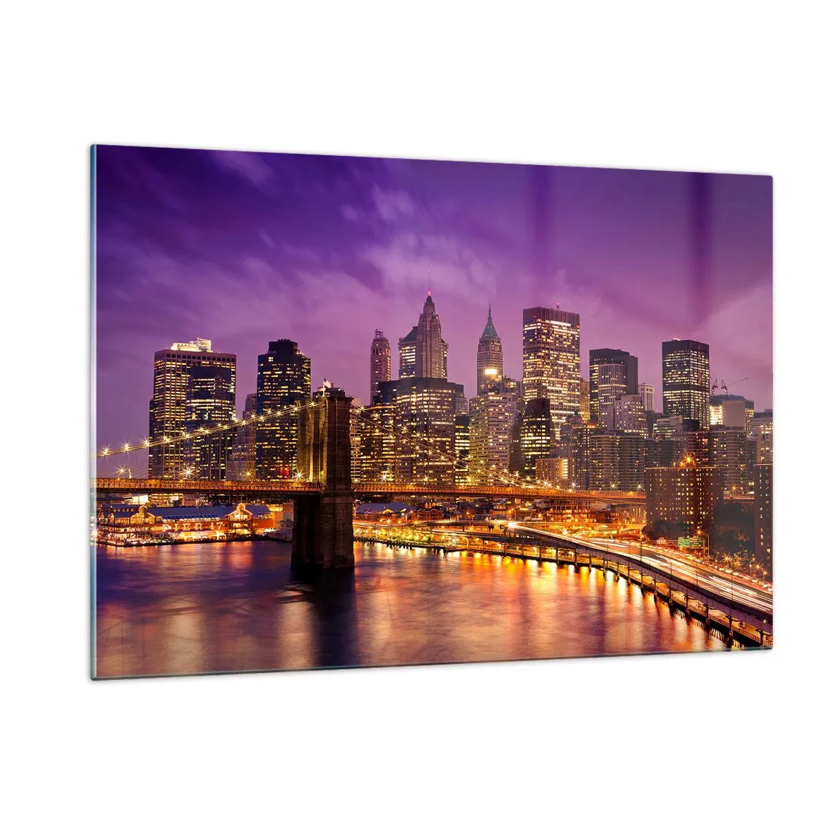 Glasbild - Bild auf glas - Abendansicht von New York mit der Brooklyn Bridge - 120x80cm - Violett-goldenes Manhathann - Moderne Wanddekoration für Wohnzimmer und Schlafzimmer ARTTOR