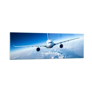 Glasbild - Bild auf glas - Ein Flugzeug fliegt über den Wolken vor blauem Himmel - 160x50cm - Ich fliege, weil ich es kann - Moderne Wanddekoration für Wohnzimmer und Schlafzimmer ARTTOR