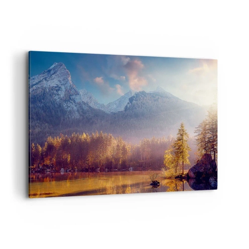 Bild auf Leinwand - Leinwandbild - Malerischer Blick auf den Bergwald und den See im Morgengrauen - 120x80cm - In den Bergen und Tälern - Moderne Wanddekoration für Wohnzimmer und Schlafzimmer ARTTOR