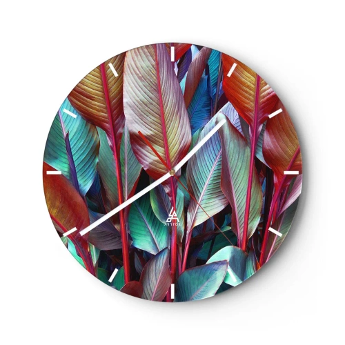 Wanduhr - Glasuhr - Bunte Blätter tropischer Pflanzen - 30x30cm - Buntes Dickicht - Moderne Wanddekoration für Wohnzimmer, Küche und Schlafzimmer ARTTOR