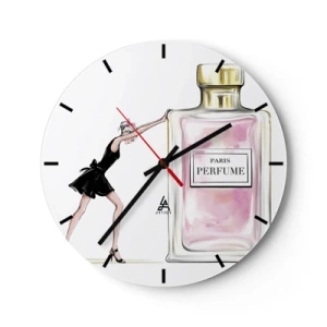 Wanduhr - Glasuhr - Eine Frau mit einer Flasche Parfüm - 30x30cm - Essenz der Weiblichkeit - Moderne Wanddekoration für Wohnzimmer, Küche und Schlafzimmer ARTTOR