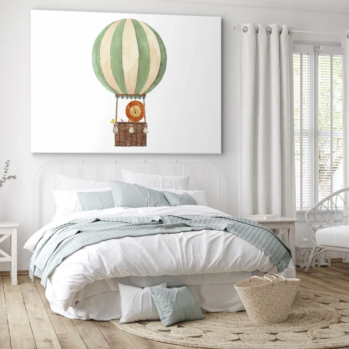 Bild auf Leinwand - Leinwandbild - Ein Ballon mit einem lächelnden Löwen in einem pastellfarbenen Korb - 70x50cm - Leons Reisen - Moderne Wanddekoration für Wohnzimmer und Schlafzimmer ARTTOR