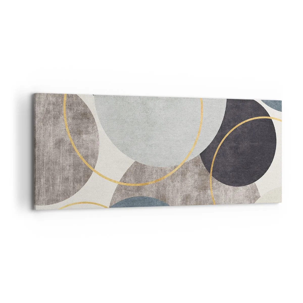 Bild auf Leinwand - Leinwandbild - Geometrische Kreise in Grau-, Blau- und Goldtönen - 120x50cm - Rad für Rad - Moderne Wanddekoration für Wohnzimmer und Schlafzimmer ARTTOR