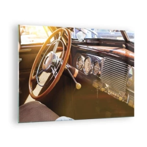 Glasbild - Bild auf glas - Innenraum eines Oldtimers mit Holzlenkrad - 70x50cm - Ein Hauch von Luxus aus der Vergangenheit - Moderne Wanddekoration für Wohnzimmer und Schlafzimmer ARTTOR