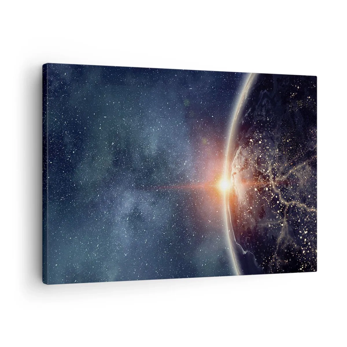 Bild auf Leinwand - Leinwandbild - Die Erde vom Weltraum aus gesehen mit der aufgehenden Sonne - 70x50cm - In einer neuen Perspektive - Moderne Wanddekoration für Wohnzimmer und Schlafzimmer ARTTOR