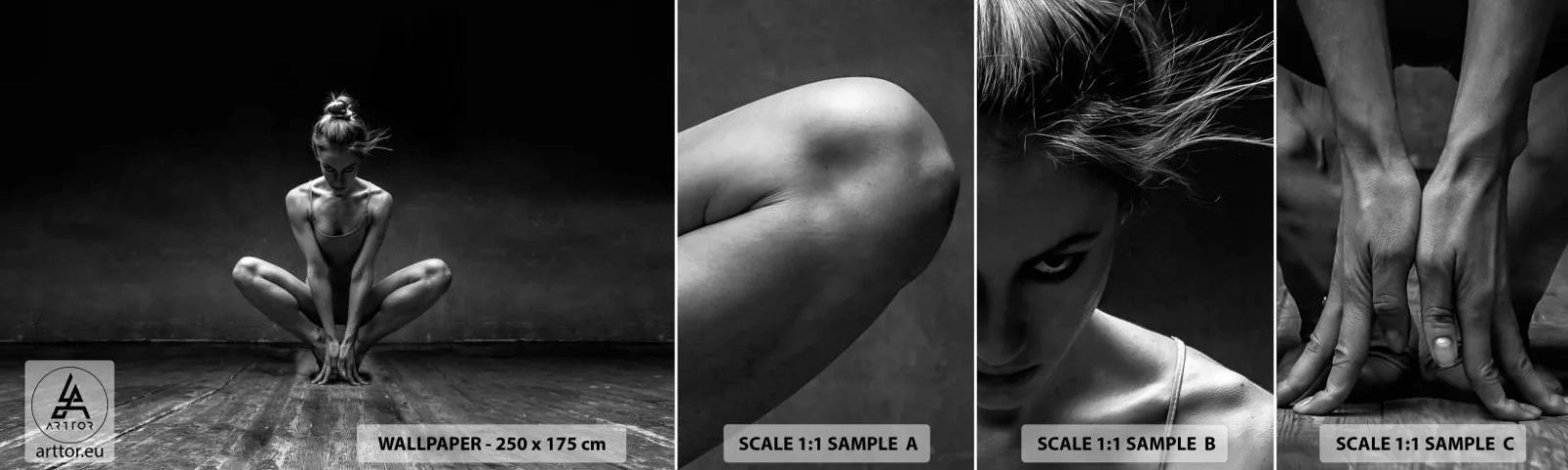 Fototapetenmuster Standard Eco - Konzentration der Tanzenergie - Tänzer, Frau, Schwarz und weiß - 100x30 cm