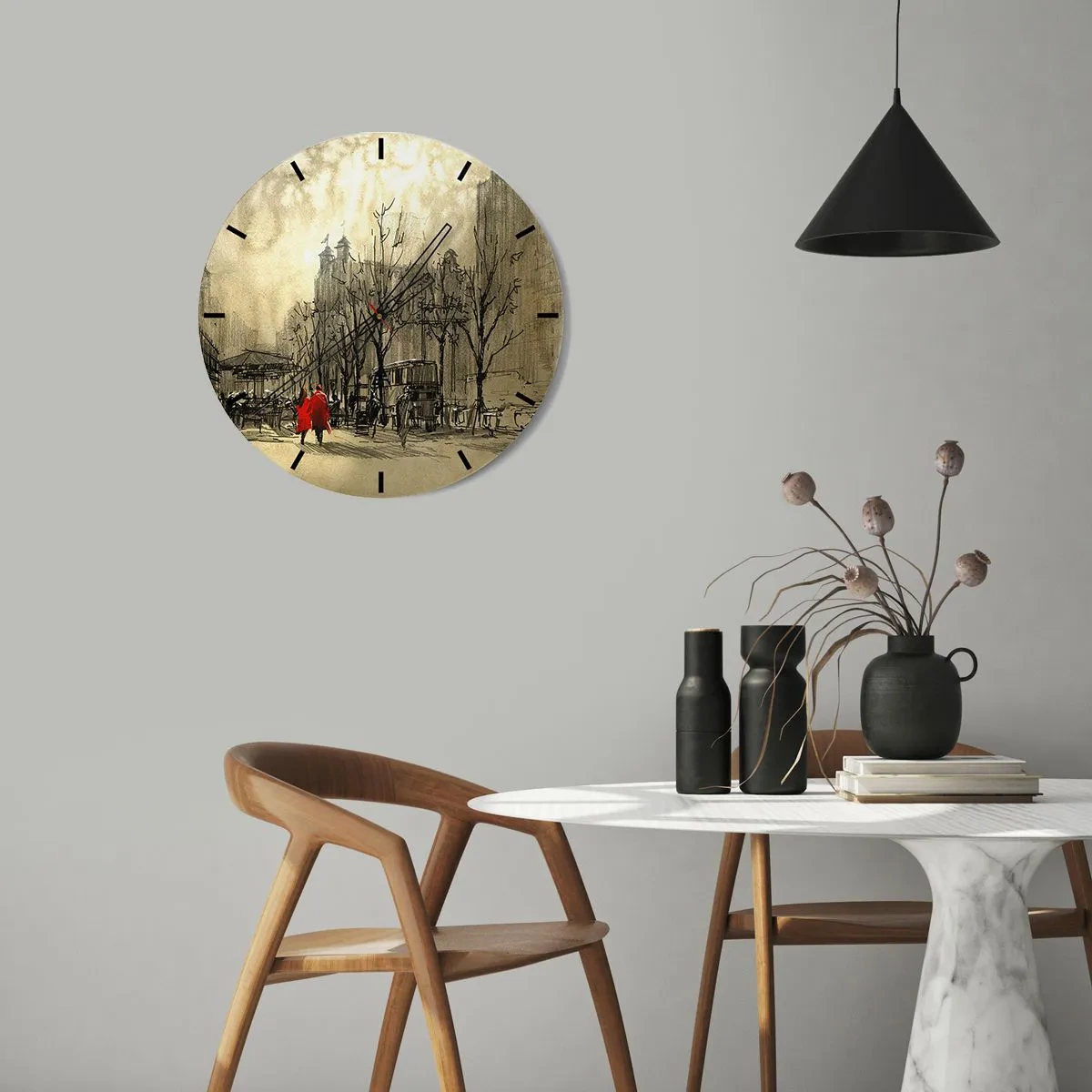 Wanduhr - Glasuhr - Ein Cartoon-Straßenmotiv mit zwei Figuren - 30x30cm - Ein Date im Londoner Nebel - Moderne Wanddekoration für Wohnzimmer, Küche und Schlafzimmer ARTTOR