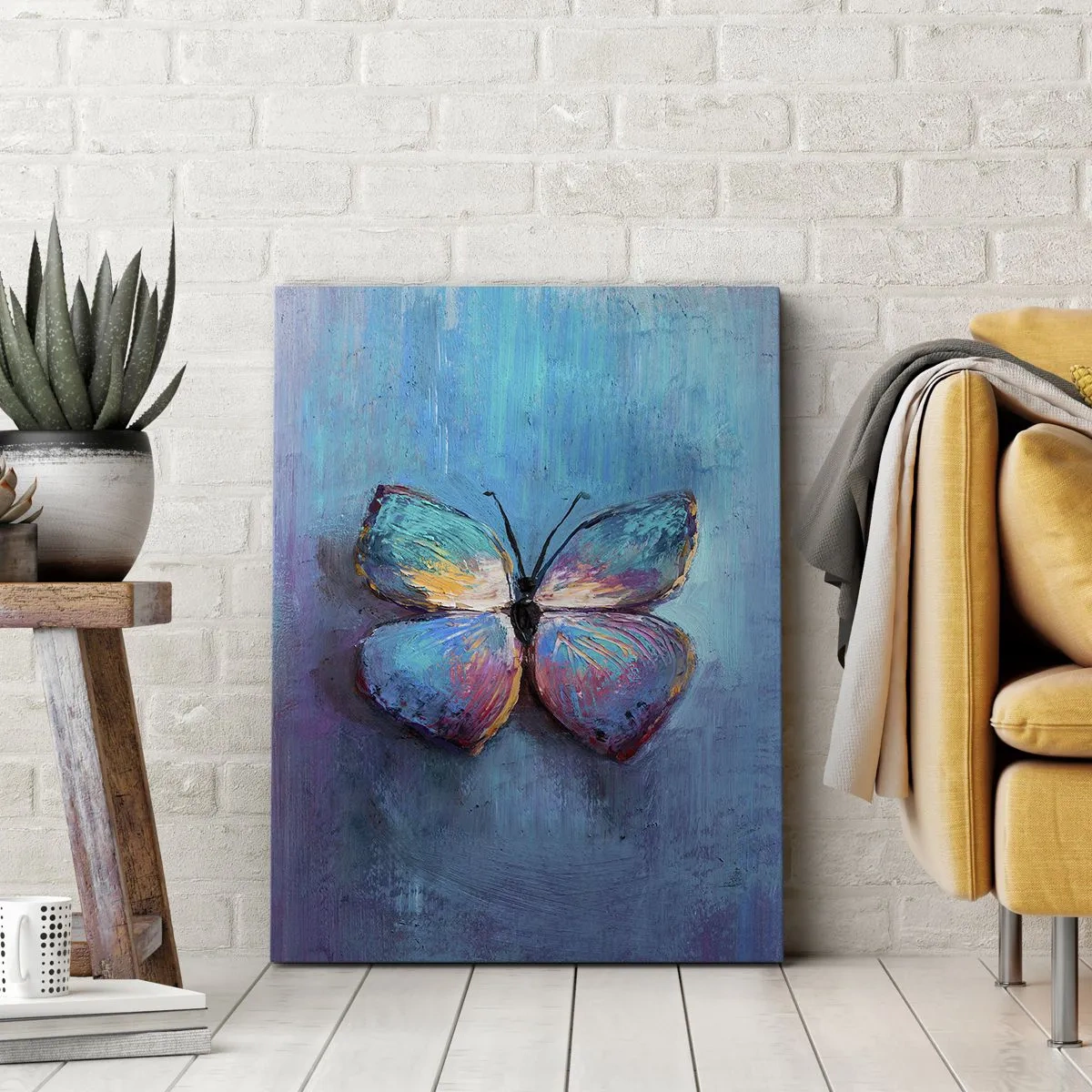 Bild auf Leinwand - Leinwandbild - Bunter Schmetterling auf blauem Hintergrund - 80x120cm - In all seiner Pracht - Moderne Wanddekoration für Wohnzimmer und Schlafzimmer ARTTOR