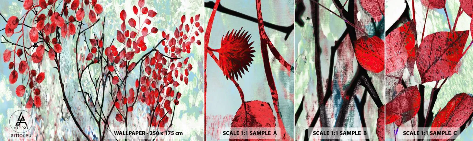 Fototapeten Muster Selbstklebend Deluxe Sticker - Baum in Scharlachrot - Abstraktion, Rote Blätter, Zweig - 100x30 cm