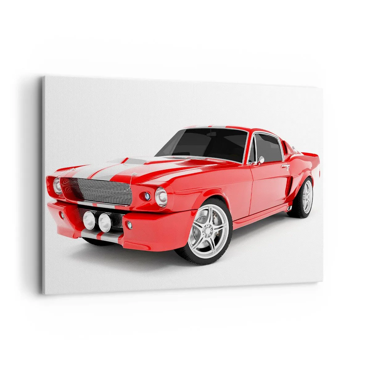 Bild auf Leinwand - Leinwandbild - Roter Sportwagen mit weißen Streifen - 120x80cm - Ein Mustang so schnell wie der Wind - Moderne Wanddekoration für Wohnzimmer und Schlafzimmer ARTTOR