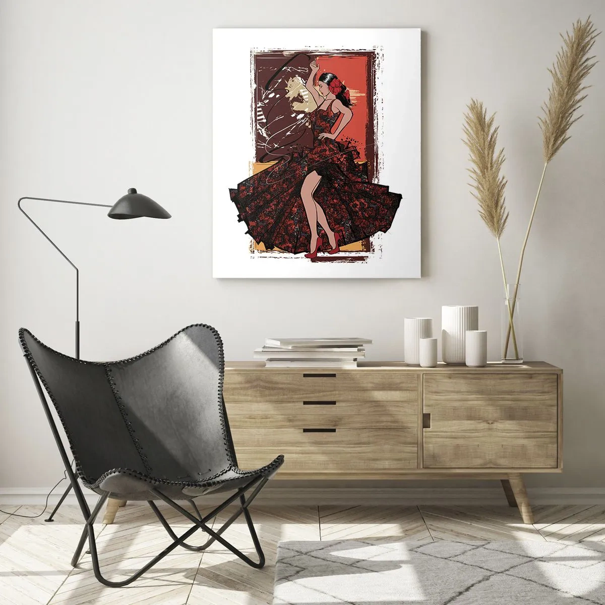 Glasbild - Bild auf glas - Eine Tänzerin in einem rot-schwarzen Kleid vor einem künstlerischen Hintergrund - 70x100cm - Im Rhythmus des Herzens - Moderne Wanddekoration für Wohnzimmer und Schlafzimmer ARTTOR