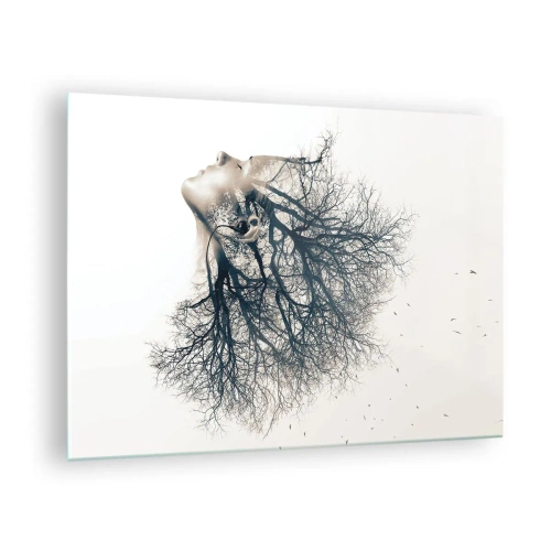 Glasbild - Bild auf glas - Silhouette einer Frau mit Zweigen als Haar - 70x50cm - Dem Rauschen der Bäume lauschen - Moderne Wanddekoration für Wohnzimmer und Schlafzimmer ARTTOR