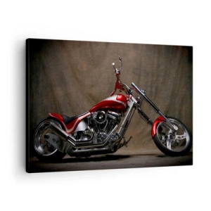 Bild auf Leinwand - Leinwandbild - Rotes Custom-Motorrad vor braunem Stoffhintergrund - 70x50cm - Rote und silberne Schönheit - Moderne Wanddekoration für Wohnzimmer und Schlafzimmer ARTTOR