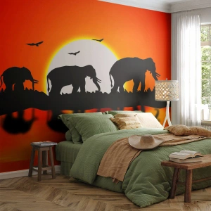 Fototapete Premium Sand - Und abends einen kleinen Drink trinken - Tiere, Afrika, Elefant - 450x315 cm