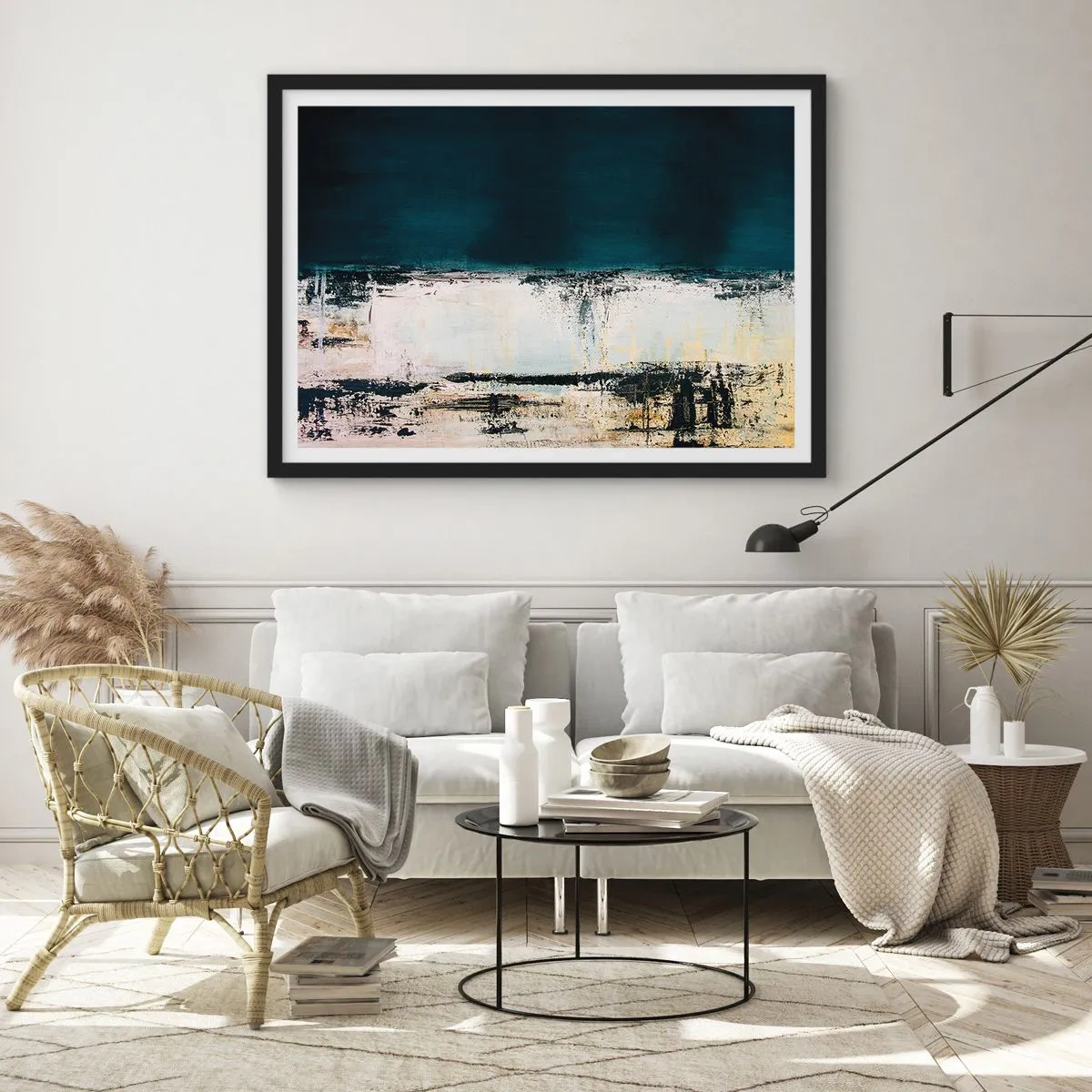 Poster in einem schwarzem Rahmen - Abstrakte horizontale Komposition in Marineblau- und Weißtönen - 70x50cm - Horizontale Komposition - Moderne Wanddekoration für Wohnzimmer und Schlafzimmer ARTTOR