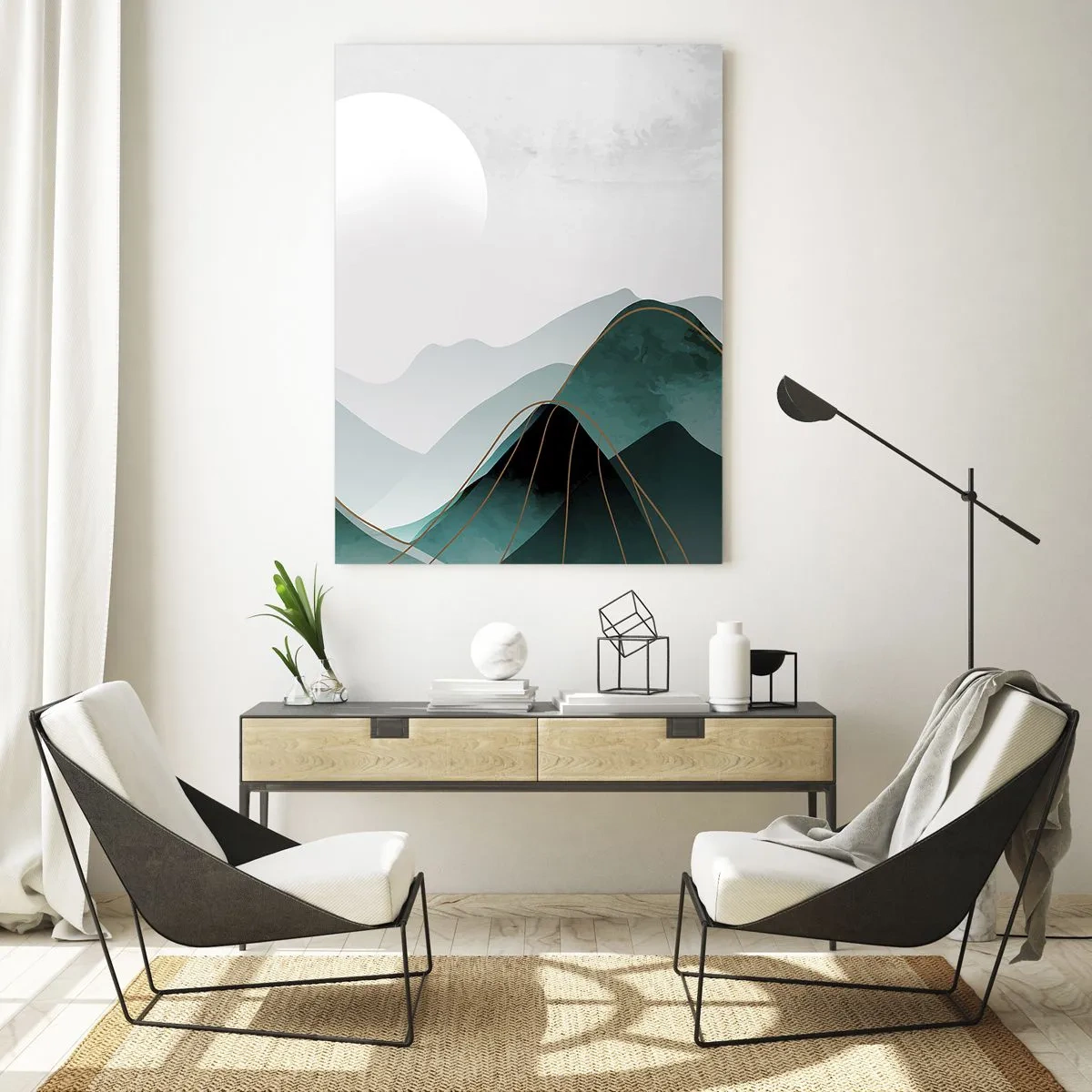 Glasbild - Bild auf glas - Abstrakte Berglandschaft mit Mond und goldenen Linien - 80x120cm - In voller Majestät - Moderne Wanddekoration für Wohnzimmer und Schlafzimmer ARTTOR